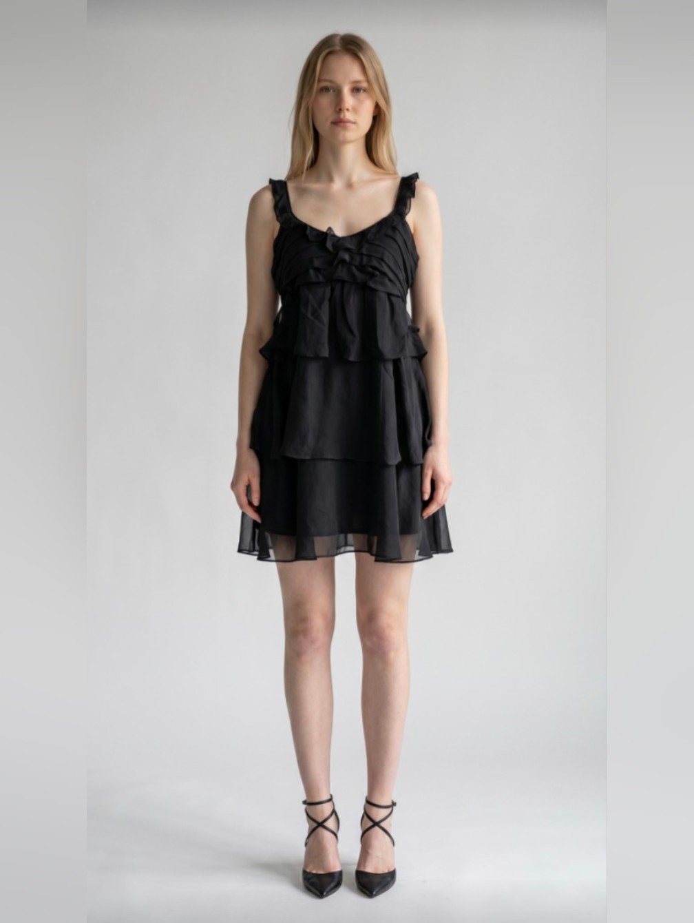 Mng! Luxe Black Ruffled, Layered Silk Look (Poly) Party Dress! Fully Lined! Sz M